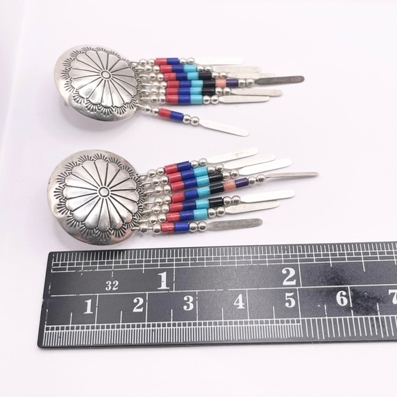 Vintage Sterling Silver Concho Fringe Earrings with Multi-Color Beads - Picture 6 of 9